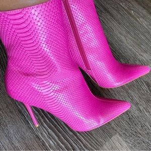 Pink snakeskin stiletto ankle boots booties